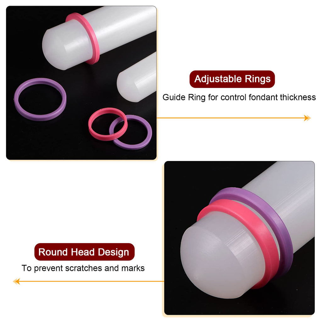 HARFINGTON 2pcs Fondant Rolling Pin 9 Inch x 0.98 Inch Adjustable Guide Rings Non-Stick PP Plastic Fondant Roller Dough Roller Kitchen Decorating Tools for Cookie Pastry Pizza Clay
