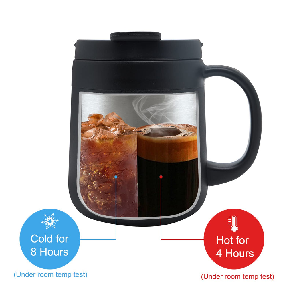 PINKAH 11OZ 330ML Stainless Steel Insulated Coffee Mug with Handle, Double Wall Stainless Steel Tumbler Cup with 2 Lids, Black