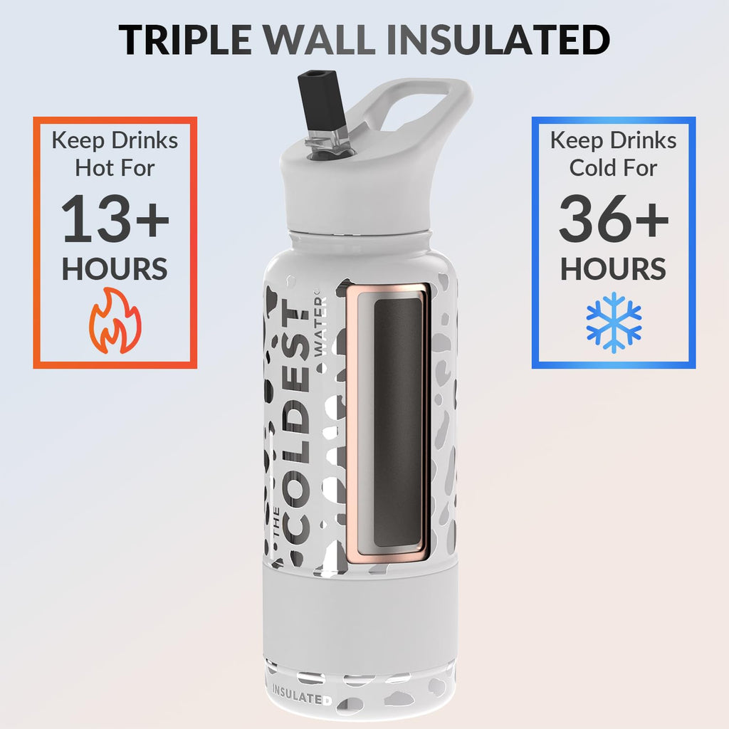 Coldest Insulated Water Bottle with Straw Lid - Stainless Steel Metal Insulated Bottle for Men & Women (Silver Leopard, 32 oz)