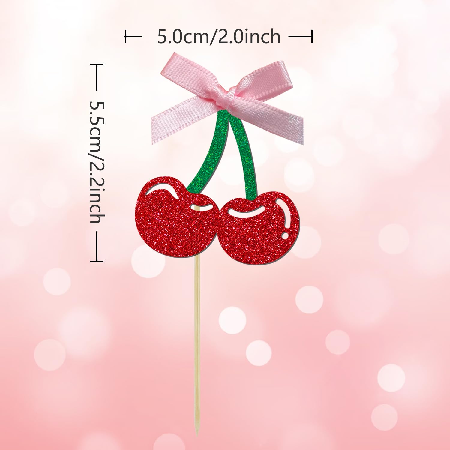 24 Pack Cherry Cupcake Toppers, Glitter Sweet Cherry Cupcake Pick