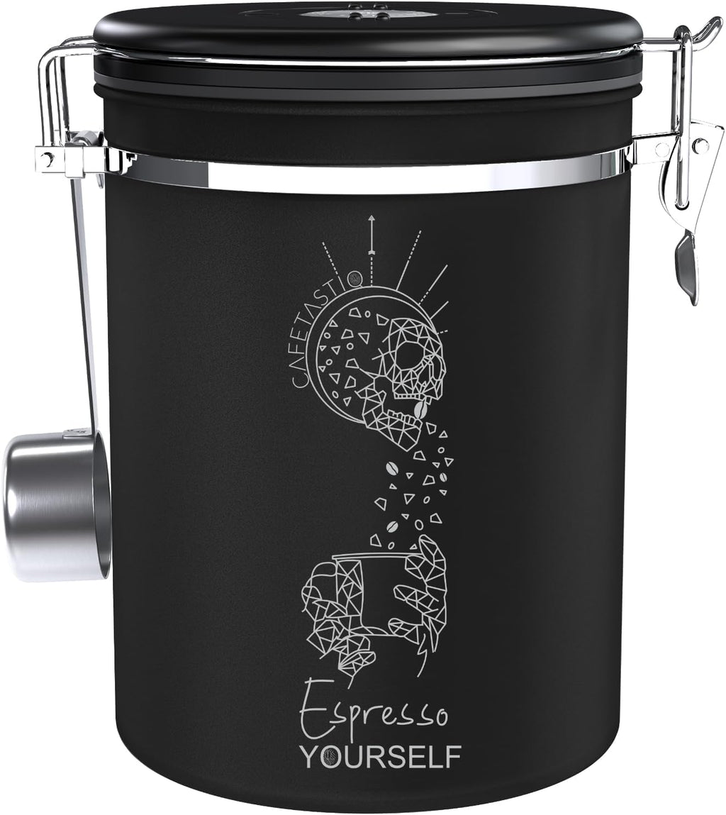 CafetastiQ Coffee Canister – Airtight Stainless Steel Storage Container with Date Tracker & Scoop, Sealed Jar for Grounds, Beans, Tea, Flour, Cereal, and Sugar (Black Esspresso, 22OZ)