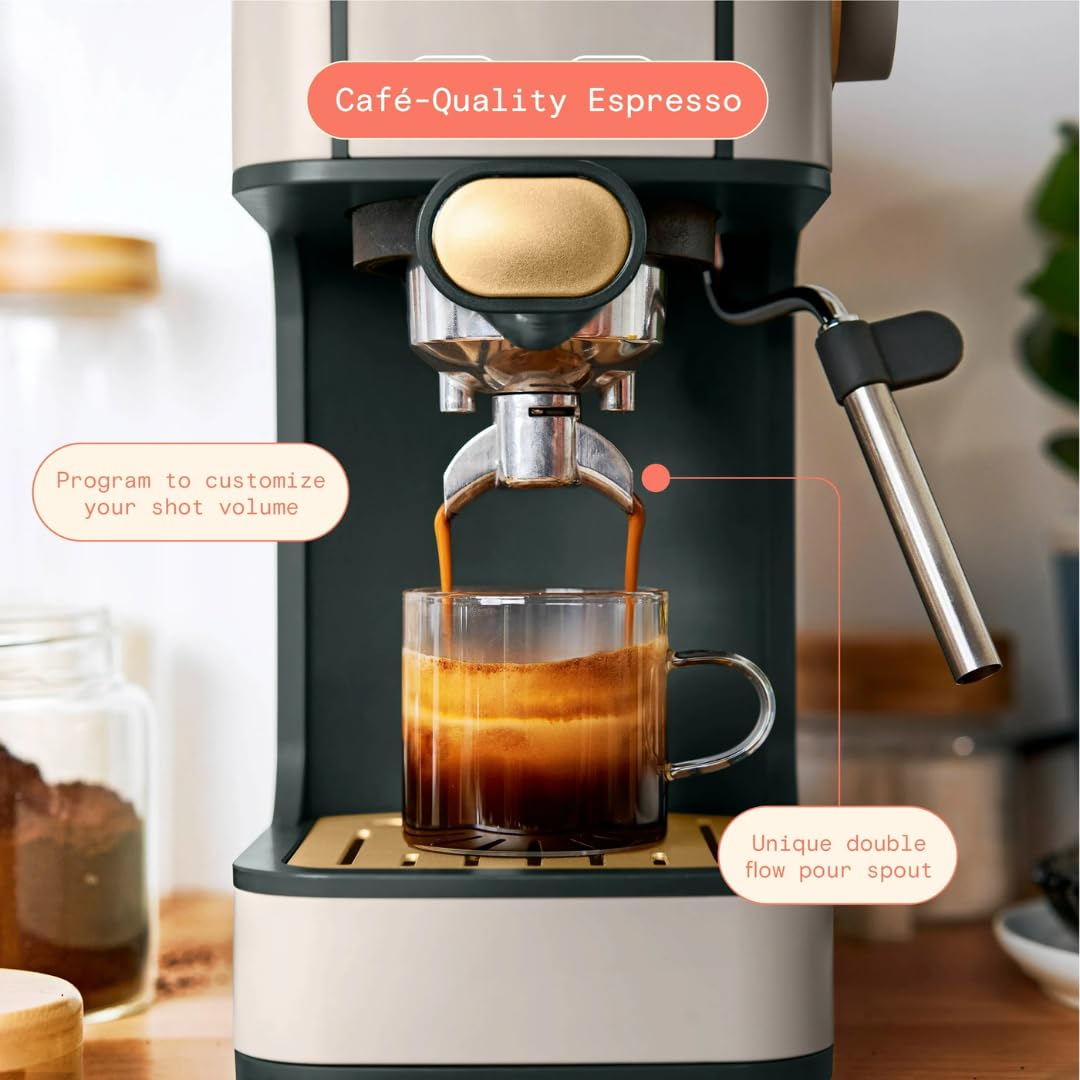 Slim Espresso Maker – 20‑Bar Pressure, Dual‑Spout 52 mm Portafilter, 50 oz Removable Tank, 2‑in‑1 Steam Wand & Touch Controls (Porcini Taupe)