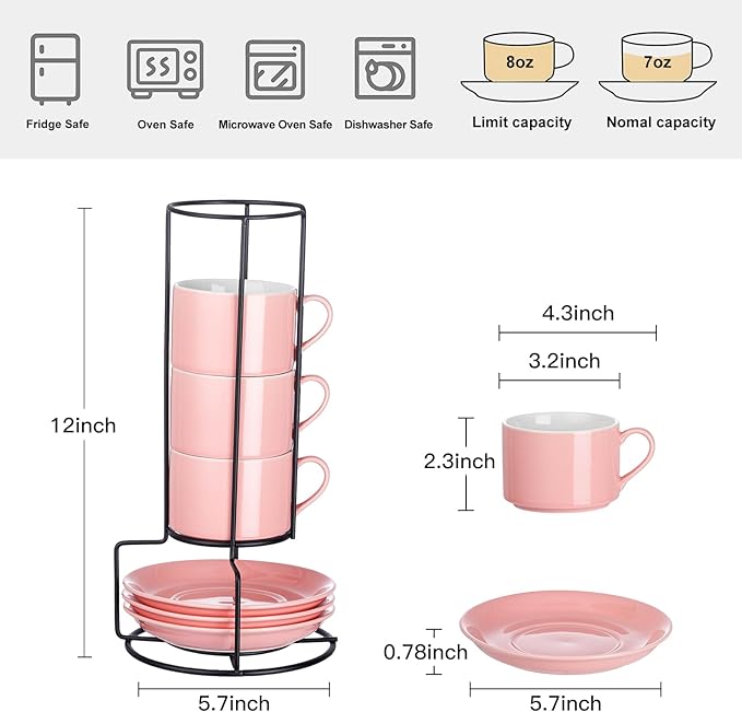 8oz Porcelain Stackable Cappuccino Cups with Saucers and Metal Stand Set of 4, Coffee Cups for Espresso, Specialty Coffee Drinks, Latte, Americano and Tea - Pink