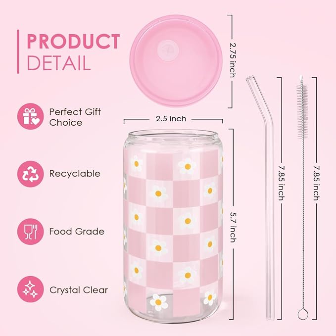 SANDJEST Checkerboard Daisies Glass Can, Floral Checker Cup with Lid & Straw, Iced Coffee Aesthetic Cups, Gift for Christmas Birthday Mother Day, Gifts for Women, 16oz