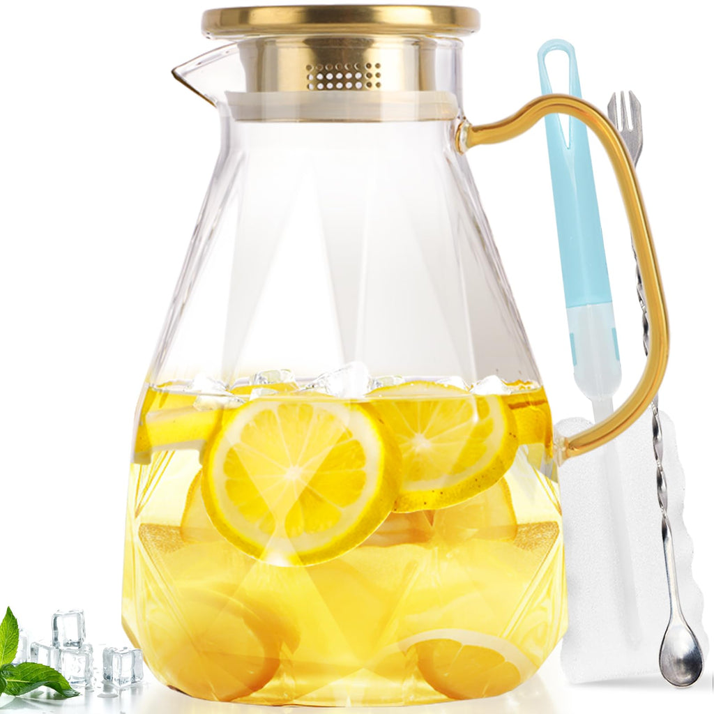 Yirilan Glass Pitcher, 2.4Liter Water Pitcher With Lid, Iced Tea Pitcher for Fridge, Glass Water Carafe With Lid, Glass Water Jug, Large Drink Pitcher For Juice, Milk, Cold Or Hot Beverages, 2400ML