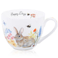 MFoffice 20 oz Bunny Coffee Mug with Spring Flowers & Happy Days Slogan, Premium Bone China Rabbit Coffee Cup, Cute Garden Gift for Women, Family&Friends, Designed in England by Harvest Green Studio
