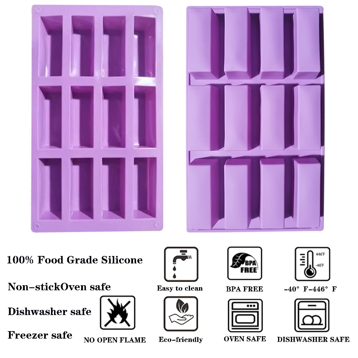 HLCM 2Pcs oat bar mold - 12rectangle silicone molds - Chocolate silicone mold for baking candies/energy bars, cheesecake, dried fruit cereal cookies (2, purple)