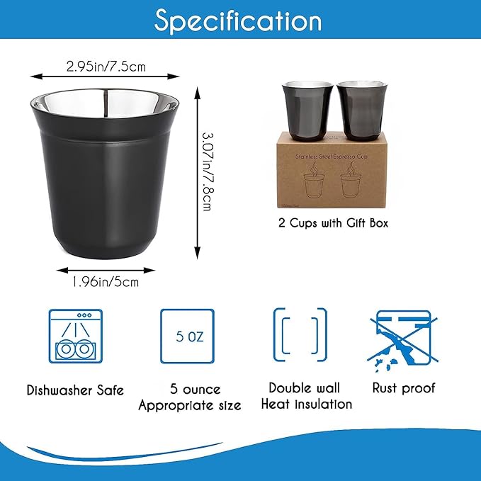 Easyworkz Stainless Steel Espresso Cup 2pcs Set Double Wall Insulated Metal Demitasse Cups (Black, 5 oz)