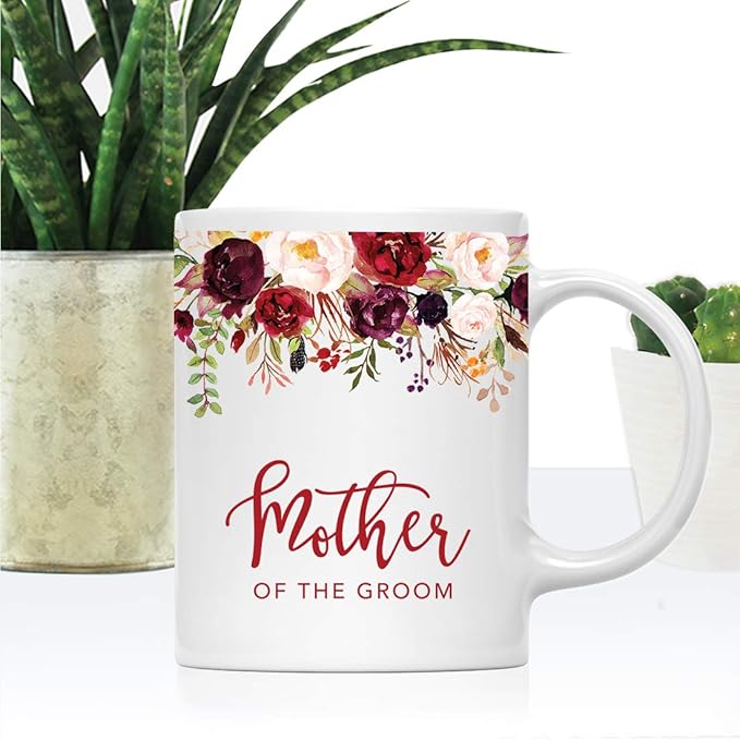 Andaz Press 11oz. Wedding Ceramic Coffee Tea Mug Gift, Fall Autumn Marsala Burgundy Flowers Roses Florals, Mother of the Groom, 1-Pack, Includes Gift Box