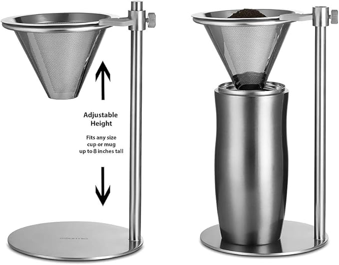 Stainless Steel Adjustable Pour Over Coffee Maker, Adjustable Stand, Double Layer Filter, Freestanding Drip Cone Brewer and Stand, Make Coffee Directly into Mug, Cup or