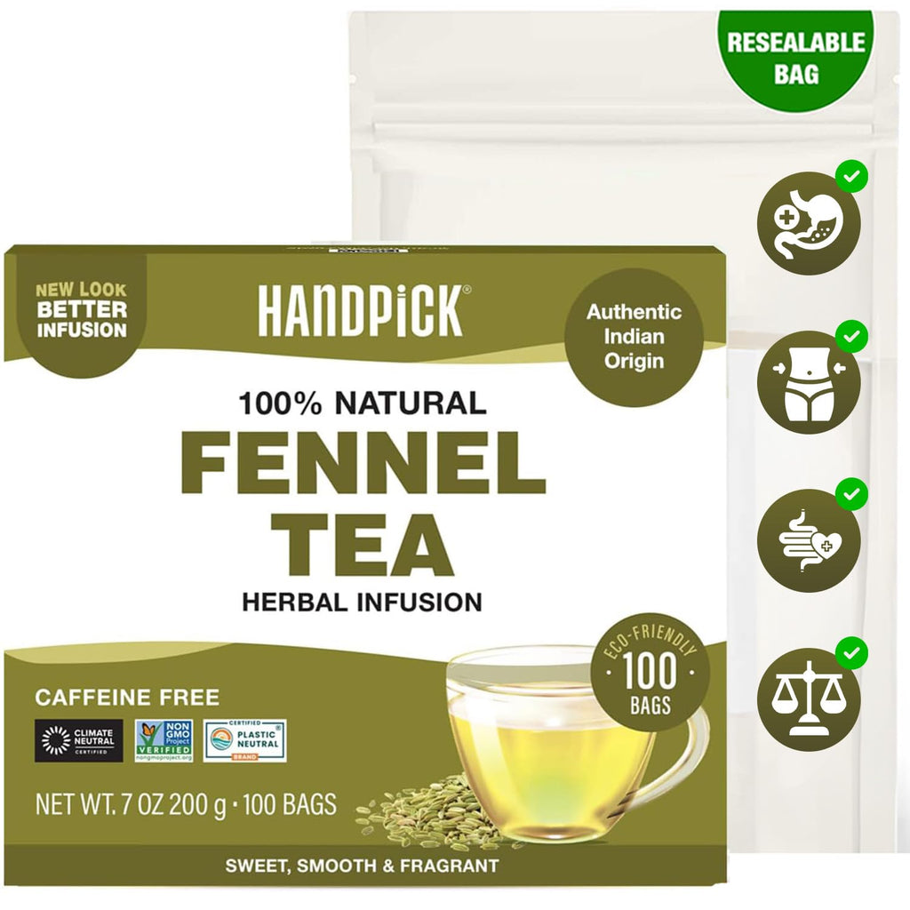 HANDPICK Fennel Seed Tea Bags (100 Count), Authentic Indian Origin with Natural Aroma & Sweetness | 100% Pure, Non GMO & Caffeine Free