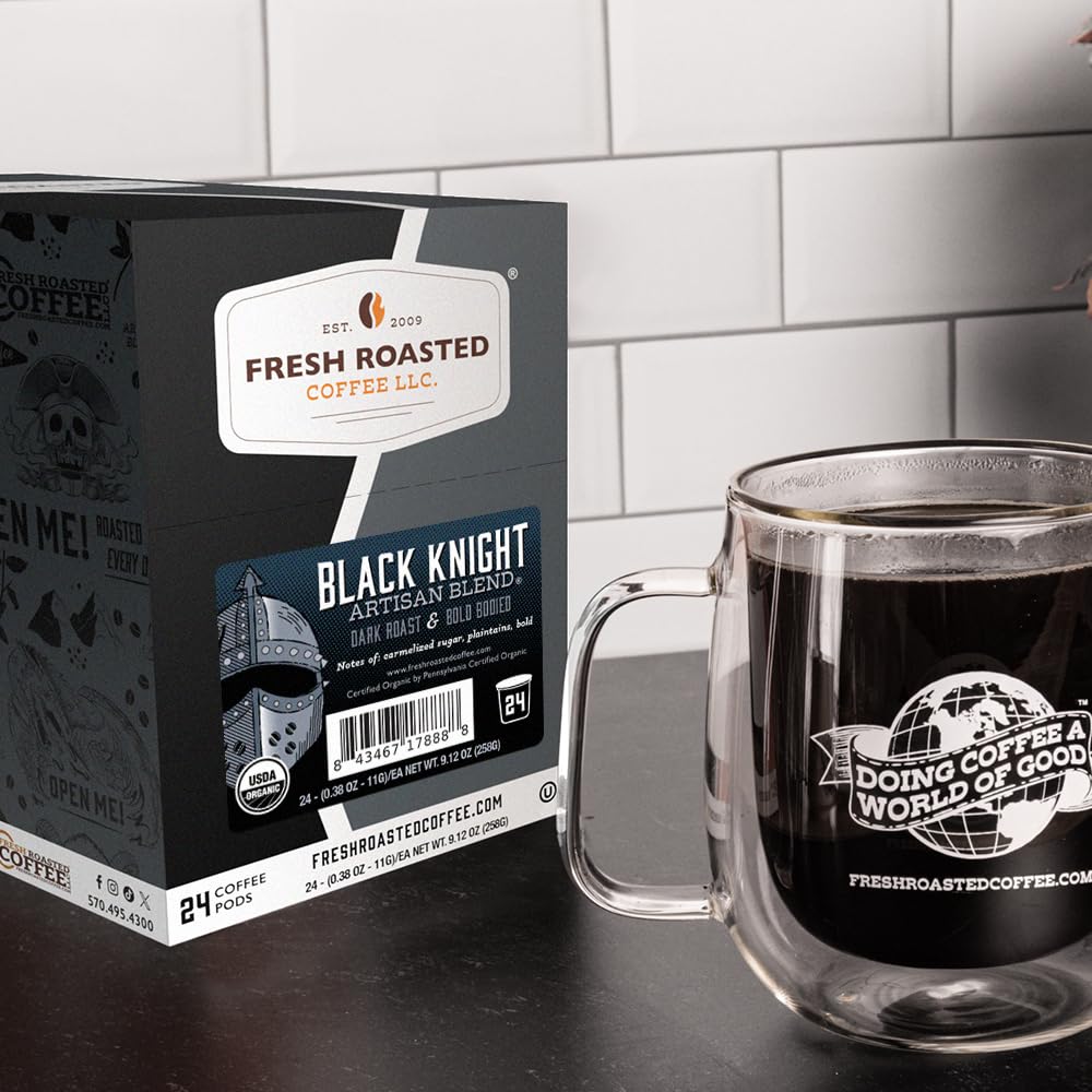 Fresh Roasted Coffee, Organic Black Knight K-Cup Pods for Keurig Brewers, Dark Roast, USDA Organic, Kosher, 24 Count (Pack of 1)