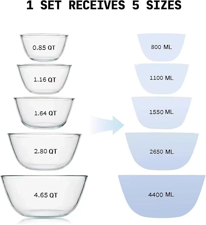 5pc Glass Mixing Bowls Sets (4.65QT, 2.80QT, 1.64QT, 1.16QT, 0.85QT), Glass Nesting Kitchen Thick Bowl for Baking, Cooking Prep, Storage, Large Salad Bowls Sets-Dishwasher Microwave Freezer Safe