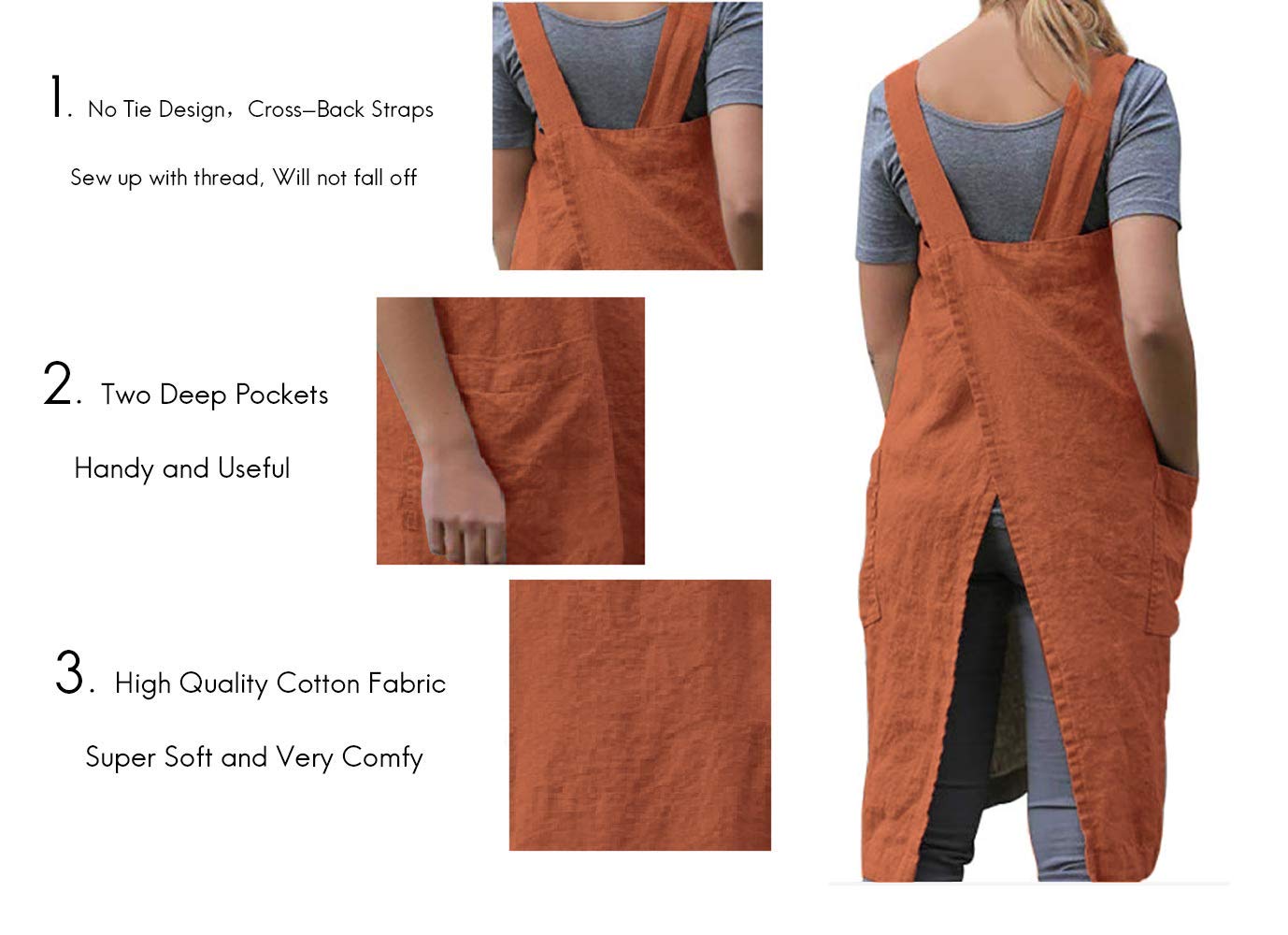 Larmliss Women's Pinafore Square Apron Baking Cooking Gardening Works Cross Back Cotton/Linen Blend Dress with 2 Pockets Orange-XL