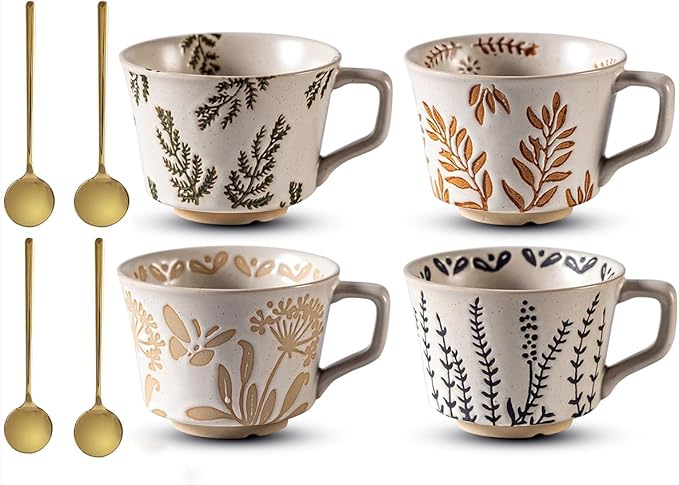 Ceramic Mug Set of 4 with Coffee Spoon, 11oz - Vintage Coffee Mug Cups for Coffee Milk Latte Cappuccino Tea, Porcelain Coffee Cups Dishwasher Microwave Freezer Safe Stoneware