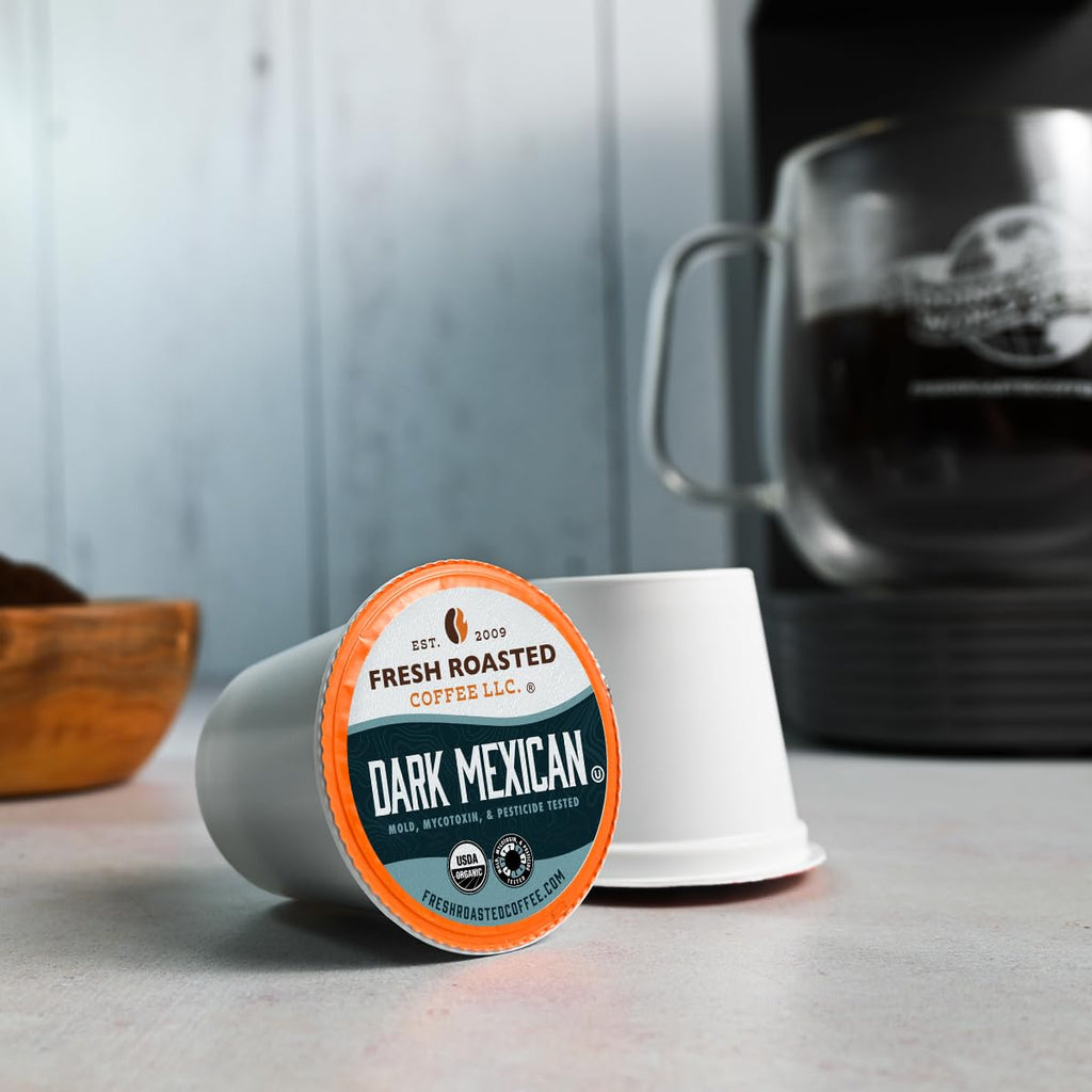 Fresh Roasted Coffee, Organic Dark Mexican K-Cup Pods for Keurig Brewers, Dark Roast, USDA Organic, 3rd Party Tested for Mold, Mycotoxin & Pesticides, Kosher, 24 Count (Pack of 1)