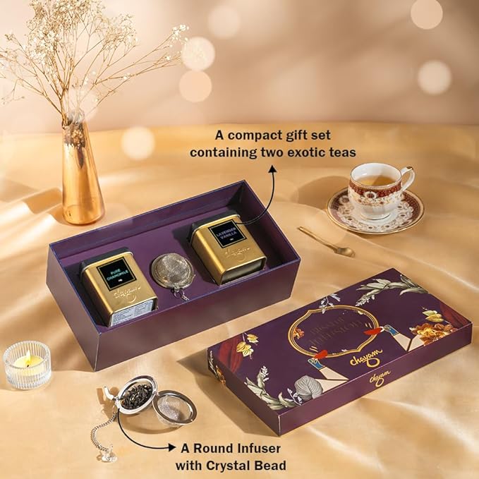 CHAYAM Blissful Infusion – Lavender Vanilla (1.76oz) & Pure Chamomile (1.1oz) Wellness Tea Gift Set + Infuser Loose Leaf Black & Herbal Tea Tin Caddies | For Better Sleep & Relaxation