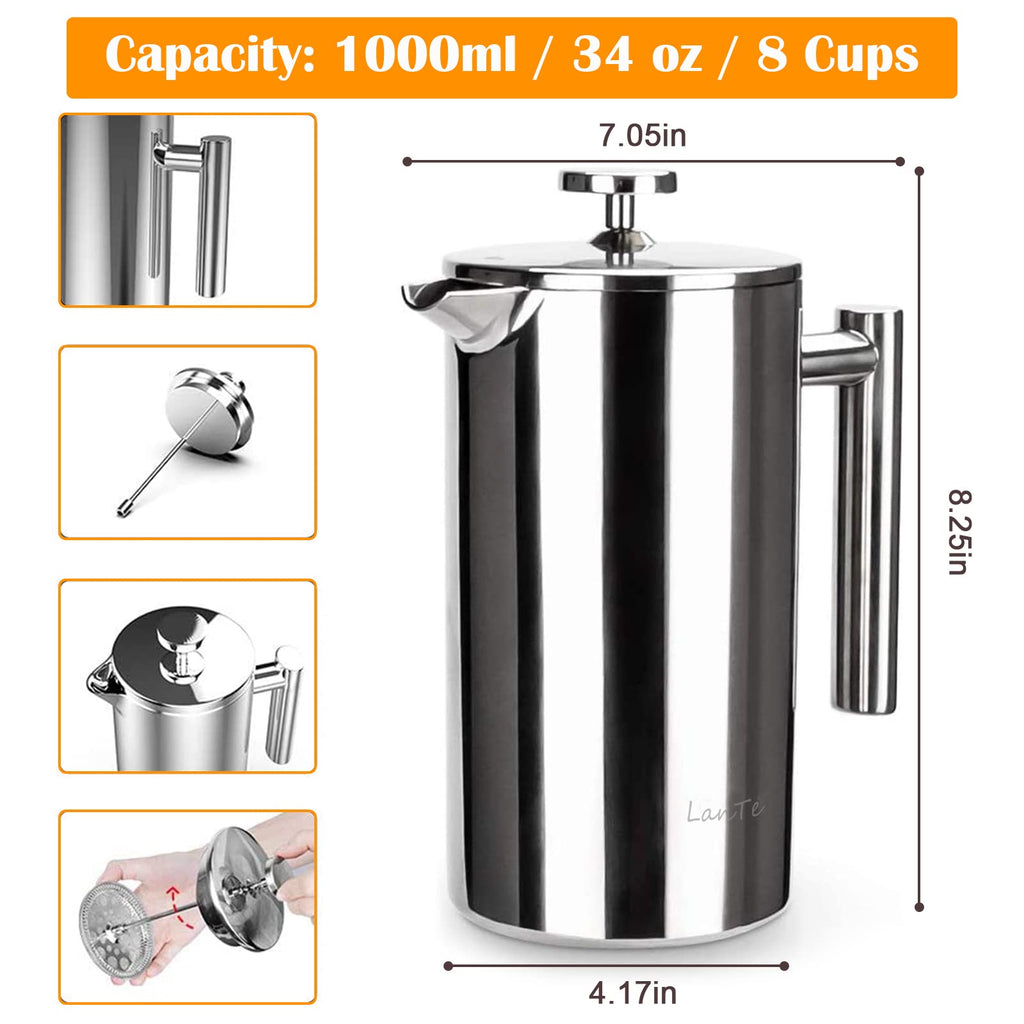 LANTE French Press Coffee Maker, Double Insulated 304 Stainless Steel Coffee Tea Maker 4 Level Filtration System, No Coffee Grounds, Rust-Free, Dishwasher Safe, 1000ml