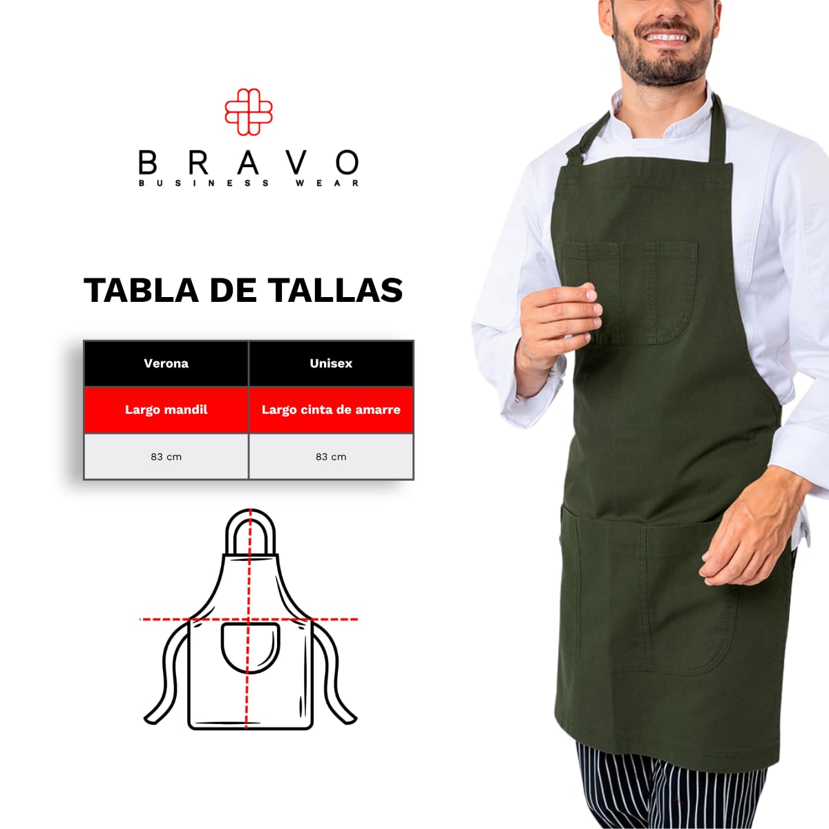 Bravo Business Wear | Green Verona Gabardine Apron – Design for Men and women with neck adjuster, Anti-lint fabric with large pockets. For kitchen work, Chef.