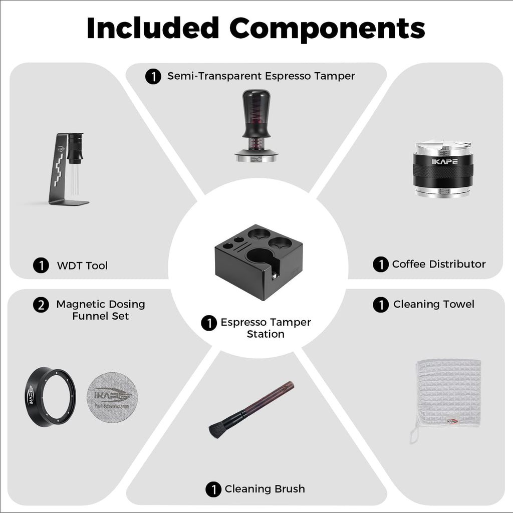 IKAPE 58mm Black Espresso Tool Set 8 IN 1, Coffee Tamper, Distributor, Magnetic Funnel, Puck Screen, Tamper Station, Stirrer Distribution Tool, Cleaning Towel and Brush