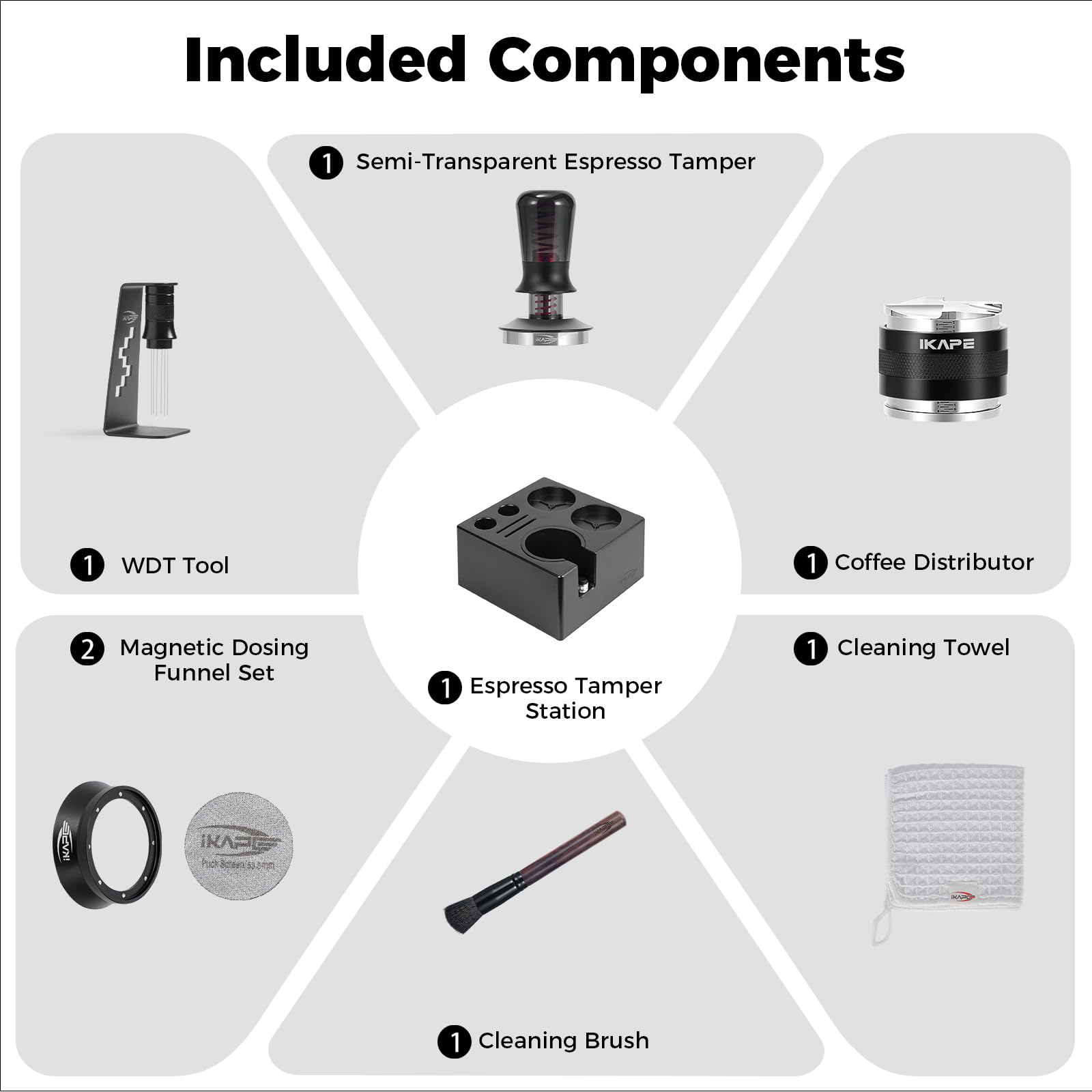 IKAPE 58mm Black Espresso Tool Set 8 IN 1, Coffee Tamper, Distributor, Magnetic Funnel, Puck Screen, Tamper Station, Stirrer Distribution Tool, Cleaning Towel and Brush