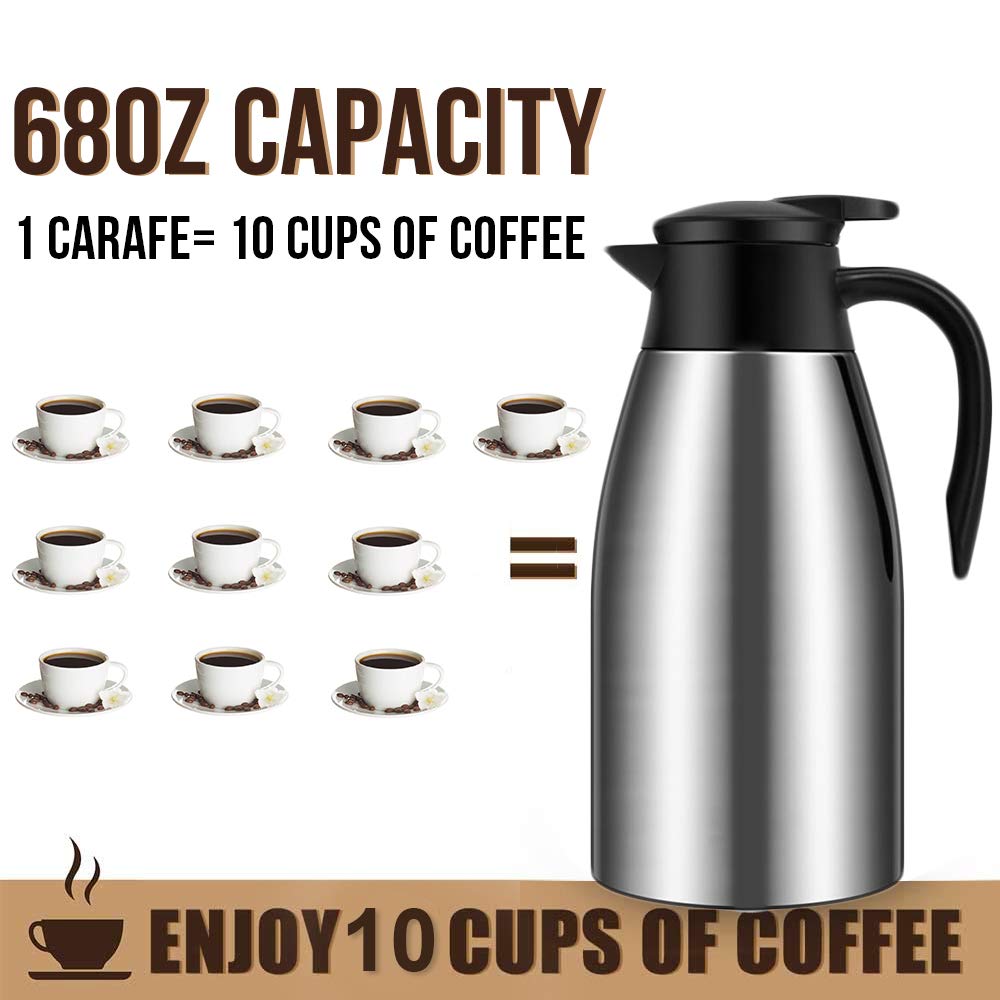 68oz Coffee Carafe Airpot Insulated Coffee Urn Stainless Steel Vacuum Thermal Pot Flask for Coffee, Hot Water, Tea, Hot Beverage - Keep 12 Hours Hot, 24 Hours Cold