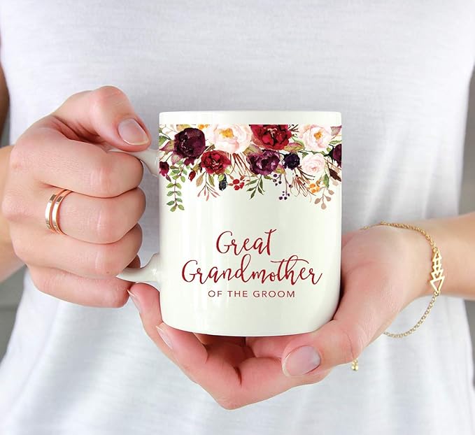 Andaz Press 11oz. Wedding Ceramic Coffee Tea Mug Gift, Fall Autumn Marsala Burgundy Flowers Roses Florals, Great Grandmother of the Groom, 1-Pack, Includes Gift Box