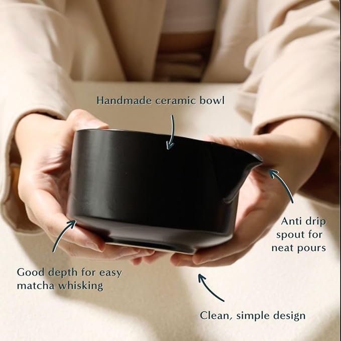 Naoki Matcha Traditional Ceramic Chawan Matcha Tea Bowl with Pour Spout Set - Hand Made Ceramic with Black Matte Glaze - For Perfectly Whisked Matcha Green Tea (18 Ounce)