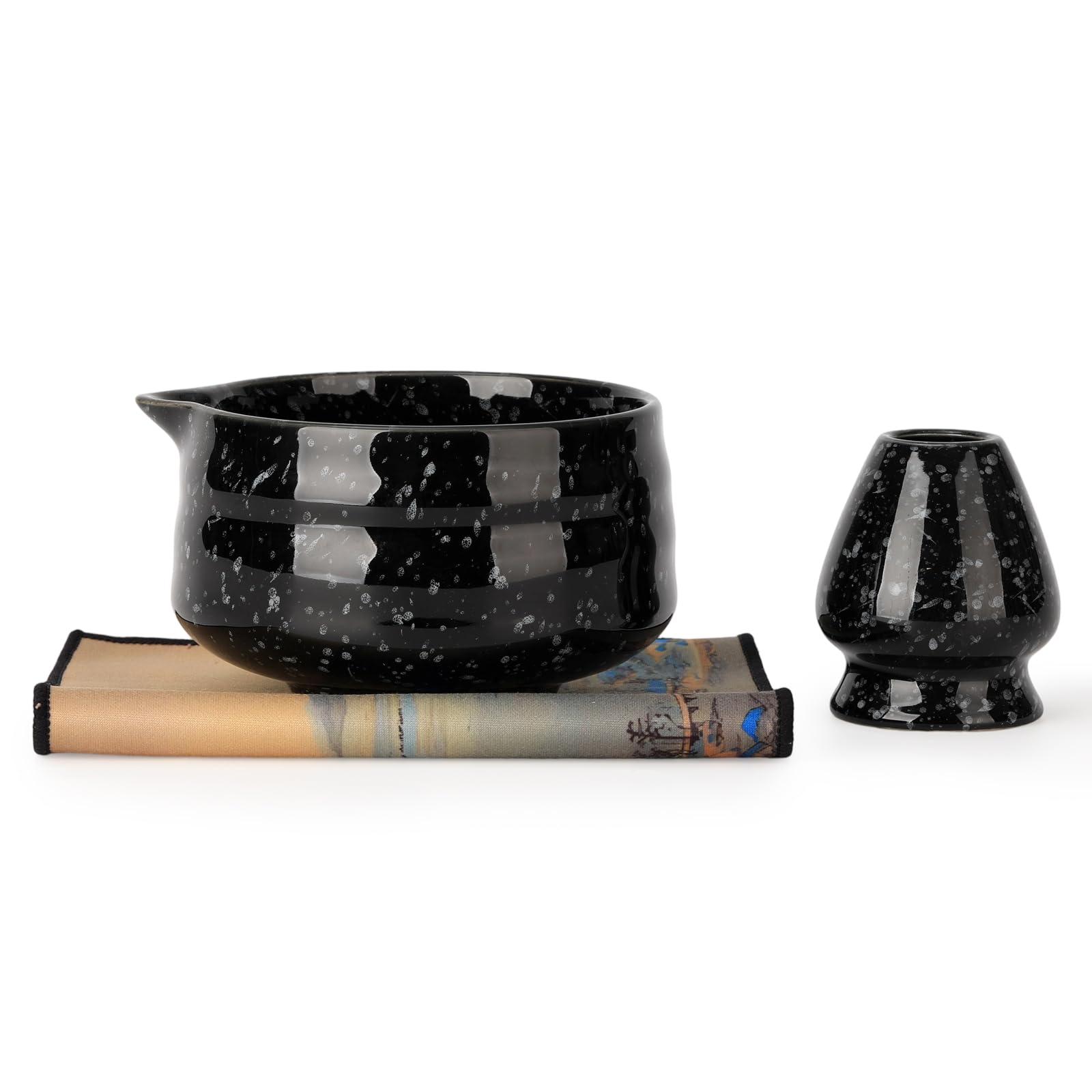 VONAHAST Japanese Ceramic Matcha Bowl - 16oz Speckle Glaze Chawan & Whisk Stand for Perfect Froth, Dishwasher Safe Black