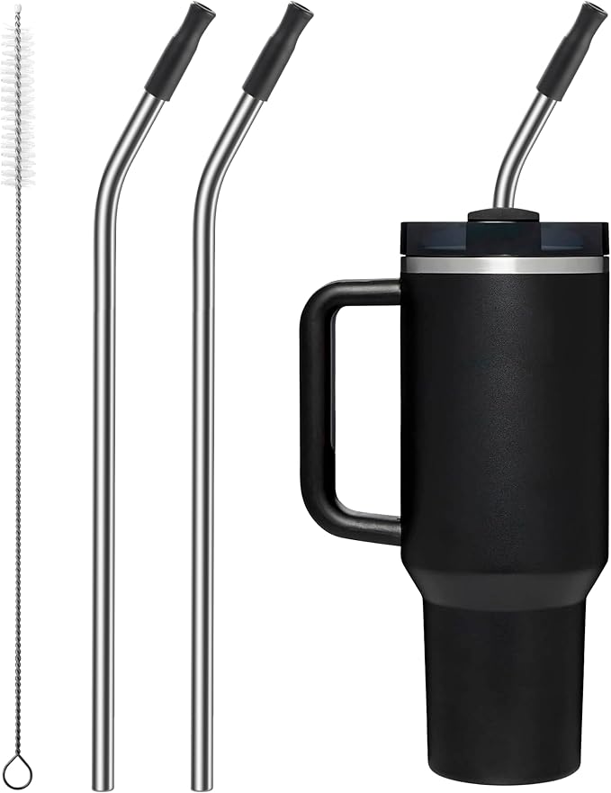Repeatable Metal Straw with Silicone Tips for 30 oz Stanley Tumbler, 2 Pcs 30 oz Stainless Steel Straws Replacement for Stanley Tumbler, 1 Straw Brush, BPA Free（Black）