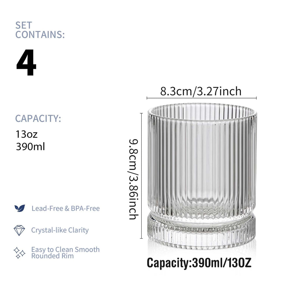 POLIDREAM Ribbed Glass Cups Set, 390ml Vintage Drinking Glassware Set of 4, Cocktail Glasses, Low Ball Ribbed Glassware, Mixed Glassware Set, Premium Whiskey Glasses, Ideal for House of Glass