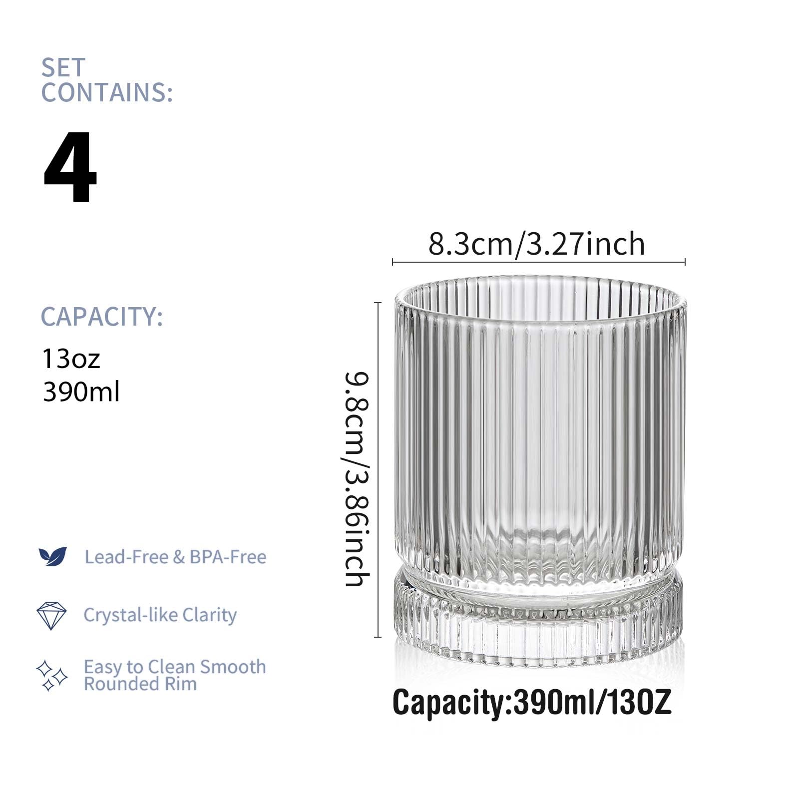 POLIDREAM Ribbed Glass Cups Set, 390ml Vintage Drinking Glassware Set of 4, Cocktail Glasses, Low Ball Ribbed Glassware, Mixed Glassware Set, Premium Whiskey Glasses, Ideal for House of Glass