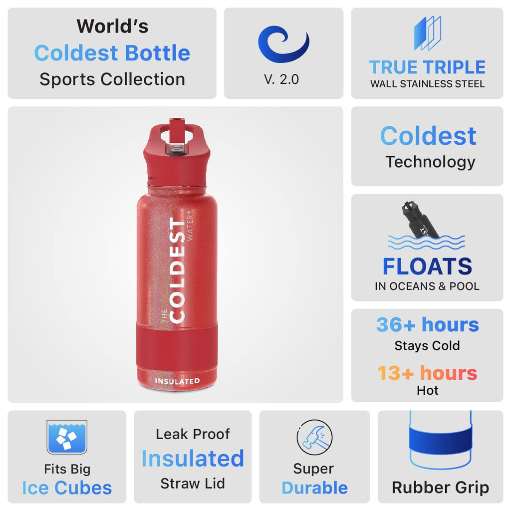 Coldest Insulated Water Bottle with Straw Lid - Stainless Steel Metal Insulated Bottle for Men & Women (Mars Red Glitter, 32 oz)