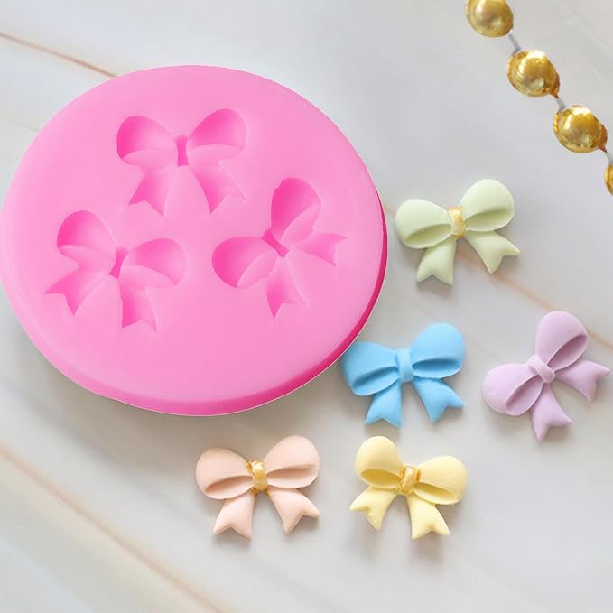 Bow Molds for Chocolate 4 PCS,Bow Chocolate Molds Silicone DIY Baking Supplies,for Chocolate, Fondant, Ice Cubes, and More(Square+round, Pink, 2.7in)