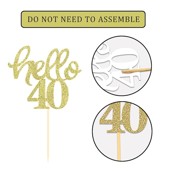 Gold Glitter 40th Birthday Cupcake Toppers 40th Birthday Celebrating Party Decorations - Set of 24