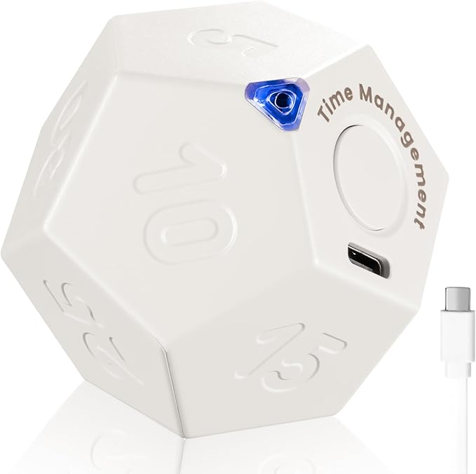 KADAMS Pomodoro Cube Timer Productivity-11 Preset Countdowns, Flip-to-Start Gravity Activation - Sound Vibrate Mute Rechargeable - Ideal for ADHD Kid Kitchen Classroom Cook Study Exercise - White