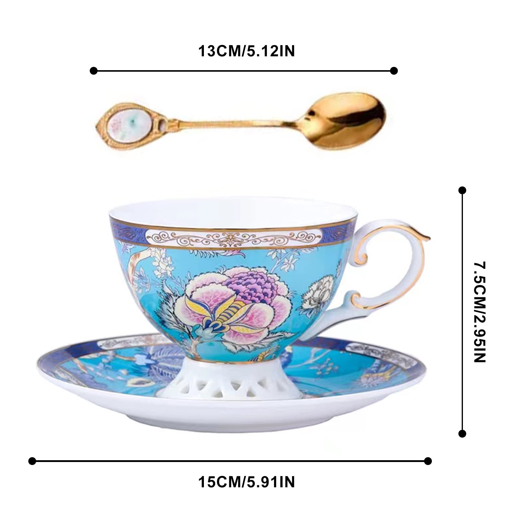 ACMLIFE Bone China Tea Cups, Tea Cup and Saucer Set for 1 Blue and White China Tea Cup 6.7oz Floral Vintage China Coffee Set for Women Party Gift Giving with Gold Trim and Gift Box
