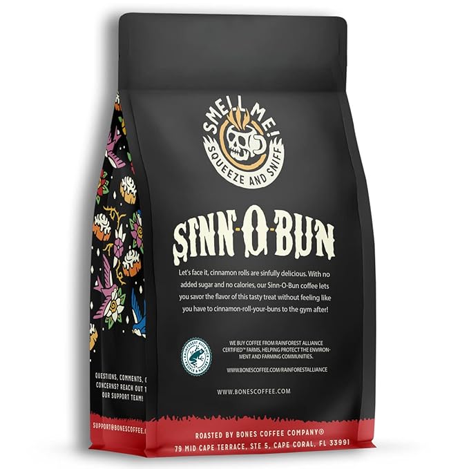 Bones Coffee Company Cinnamon Roll Flavored Coffee, Medium Roast Low Acid Arabica Beans Compatible with Auto drip and French Press Coffee Maker, 12 Oz Ground
