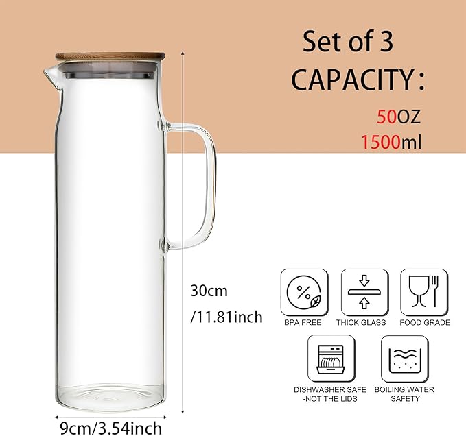 50oz Glass Pitcher with Lid, Glass Water Carafe with Handle, Fridge Water Jug Cold or Hot Beverages, Iced Tea, Milk, Juice (Set of 2)