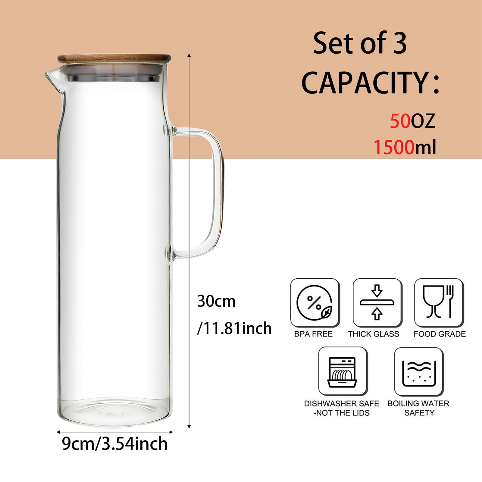 50oz Glass Pitcher with Lid, Glass Water Carafe with Handle, Fridge Water Jug Cold or Hot Beverages, Iced Tea, Milk, Juice (Set of 2)
