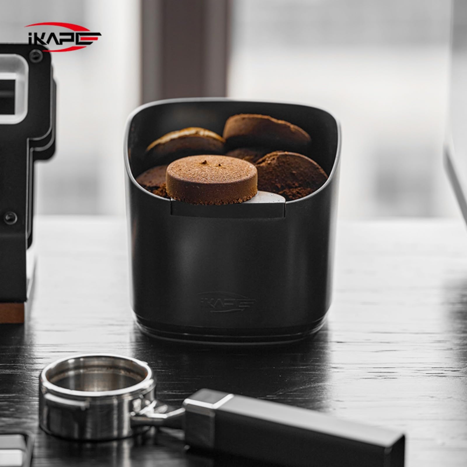 IKAPE Espresso Knock Box for Coffee Grounds, Barista Tool Enhanced for Better Manipulation - Black Espresso Machine Coffee Puck Disposal Box