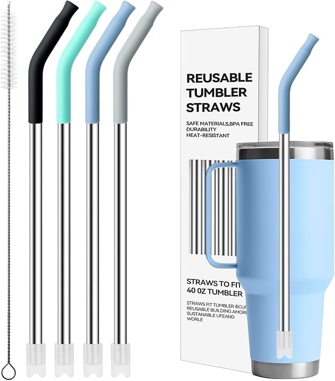 Stainless Steel Straws for 42 oz YETI Tumbler, 4 Pcs Metal Straws Reusable with Silicone Tip for 42 oz YETI, 30oz Stanley Cup(Color 1)