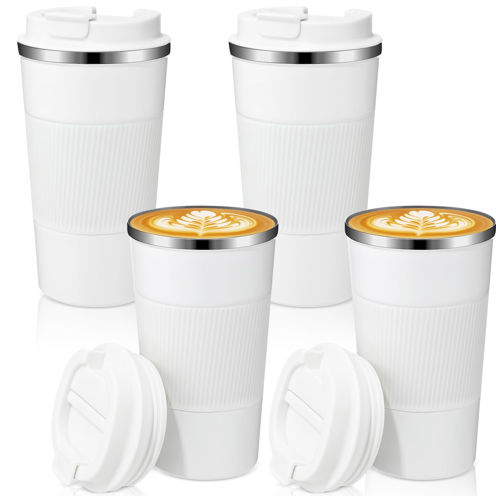 Sabary 4 Pack 16 oz Bulk Travel Coffee Mug with Lid Reusable Vacuum Insulated Coffee Tumbler Double Wall Thermal Stainless Steel Camping Tea Cup for Christmas Winter Drinks Employee Gift(White)