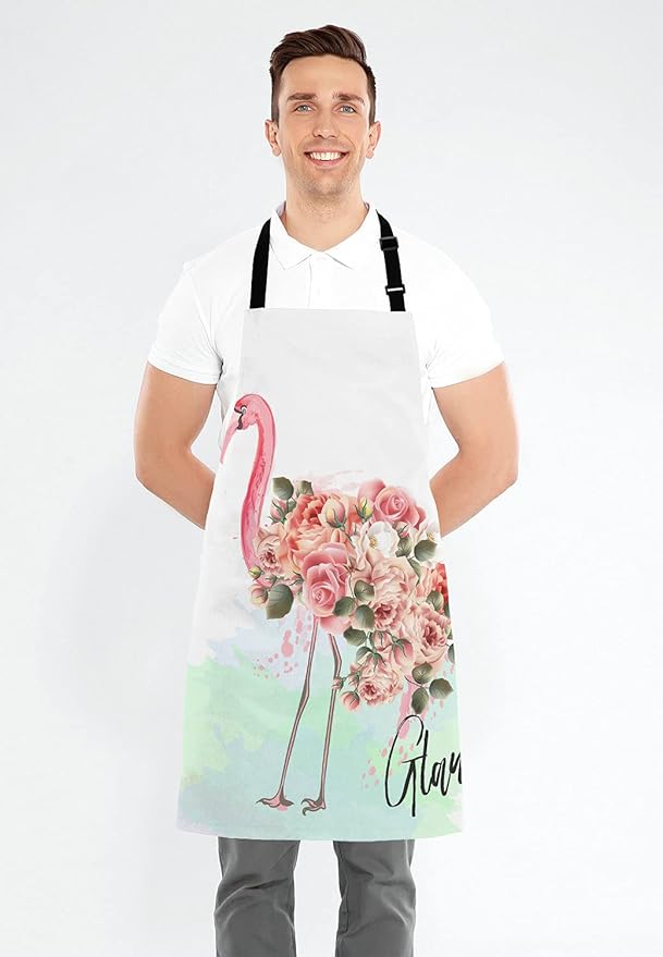 Pink Flamingo and Roses Bib Apron with Adjustable Neck for Men Women,Suitable for Home Kitchen Cooking Waitress Chef Grill Bistro Baking Apron