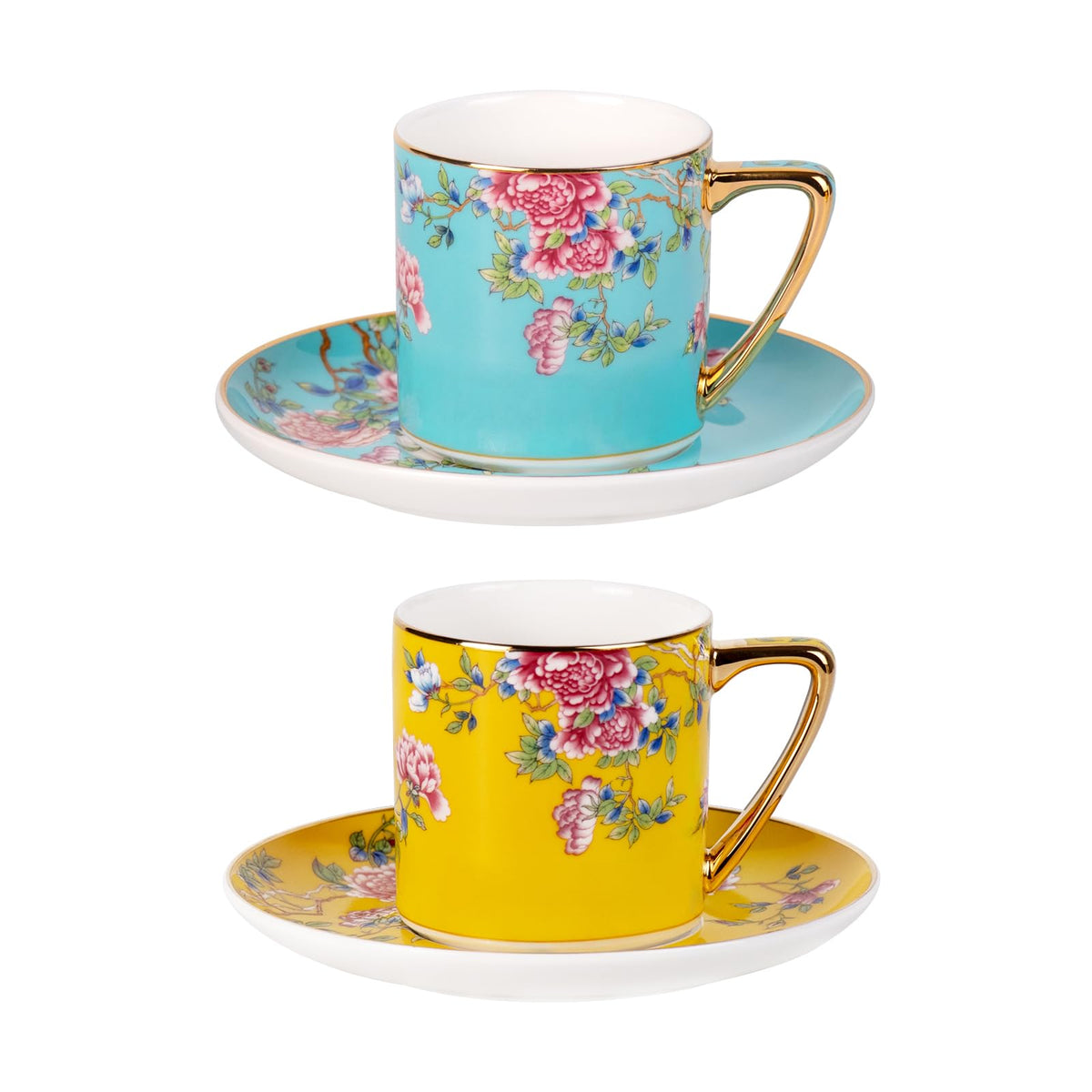 KAMMAK Tea Cup and Saucer, Ceramic Coffee Cups, 7.4 oz, Set of 2