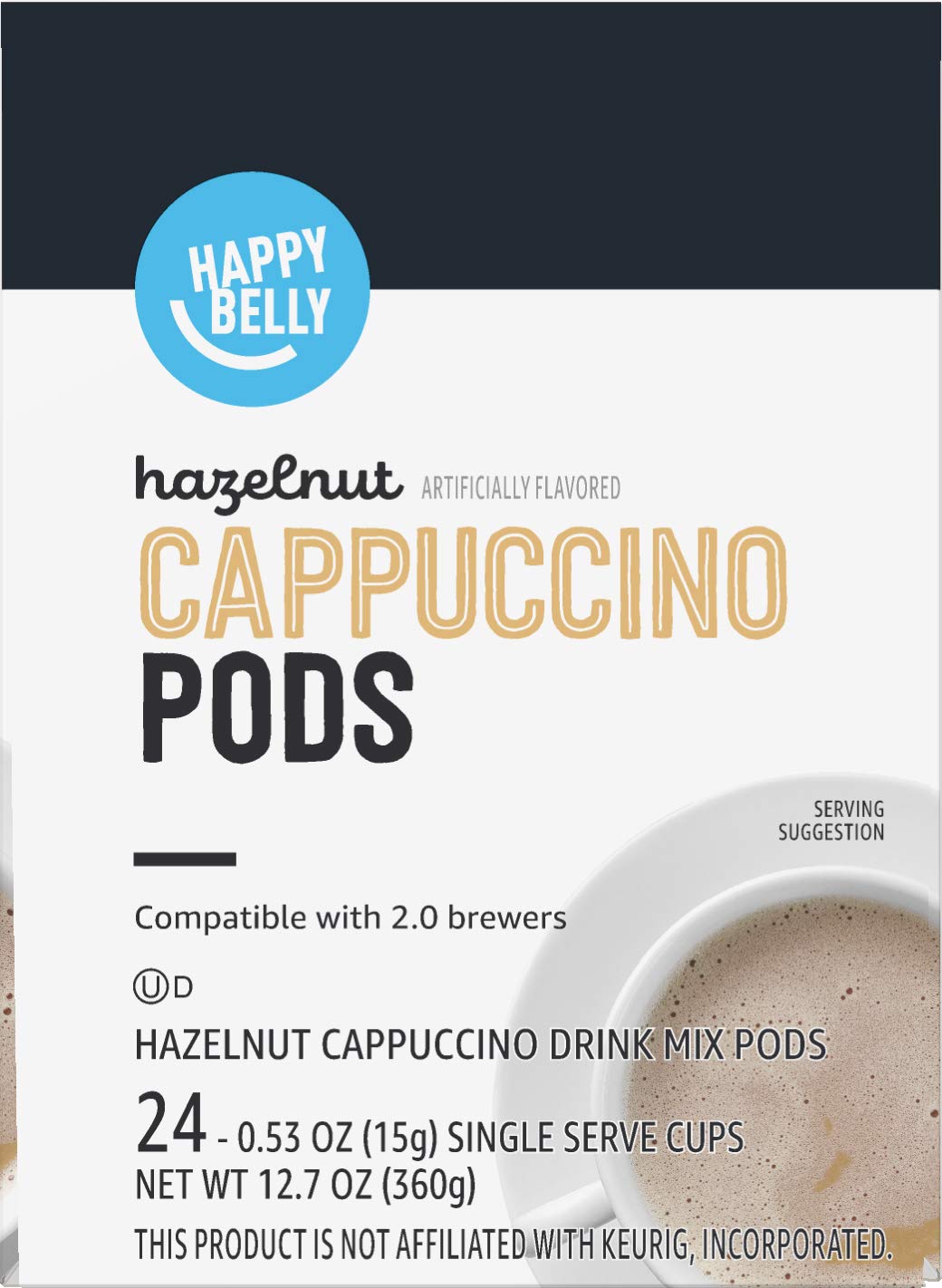Happy Belly Light Roast Cappuccino Coffee Pods, Hazelnut Flavored, Compatible with K-Cup Brewers, 24 Count