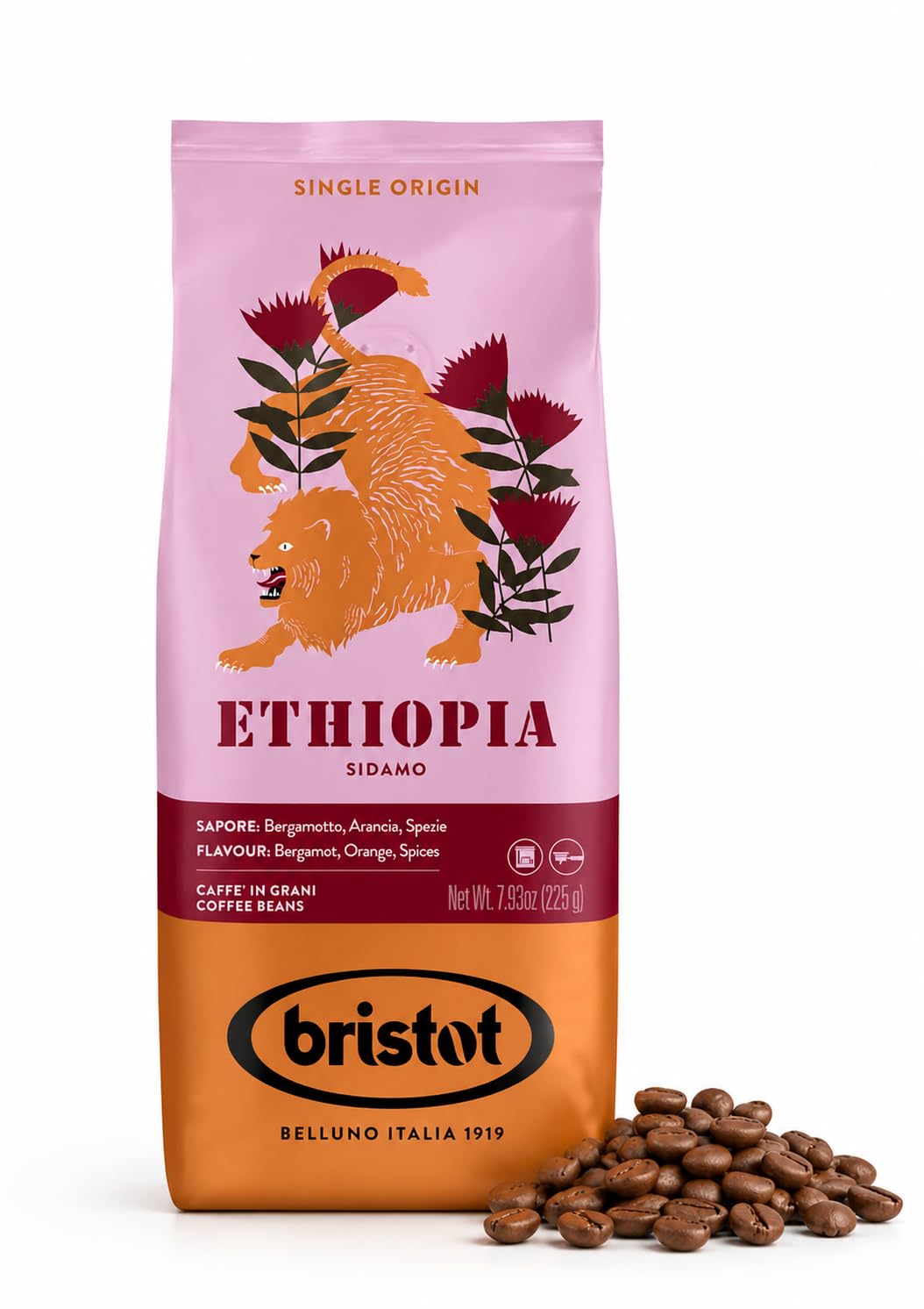 Bristot Single Origin Ethiopia Sidamo – Italian Espresso Beans – 100% Arabica – Medium Roast – Notes of Bergamot, Orange & Spices – 7.93 oz – 225 g