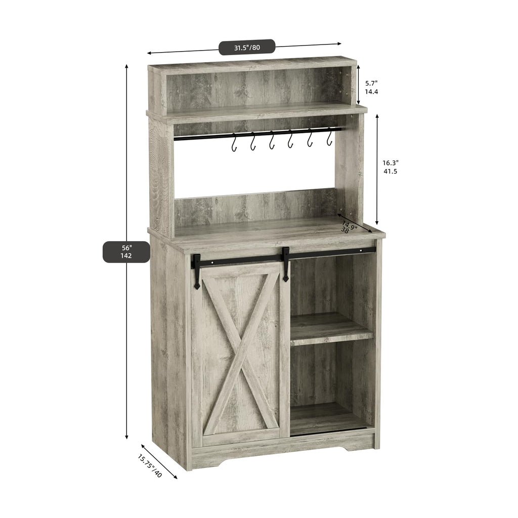 BestHaped Farmhouse Coffee Bar with 3 Tier Storage Hutch, 56 Inch Small Coffee Station with 6 Hooks, Corner Bar Table with Adjustable Shelves for Living Dining Room (Grey)