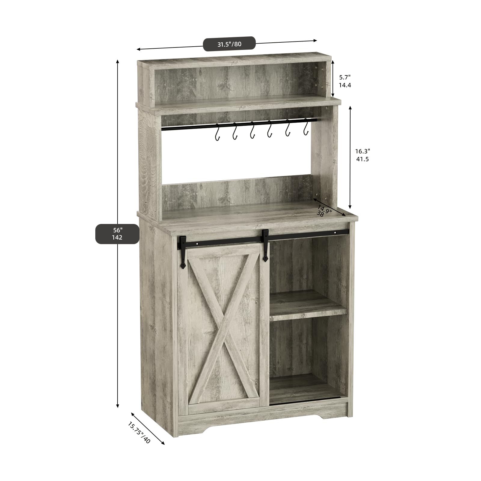 BestHaped Farmhouse Coffee Bar with 3 Tier Storage Hutch, 56 Inch Small Coffee Station with 6 Hooks, Corner Bar Table with Adjustable Shelves for Living Dining Room (Grey)