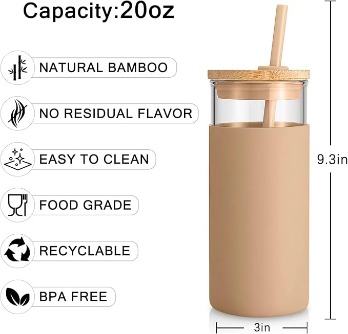 Tronco 20 oz Glass Tumbler with Lid & Straw - Iced Coffee Cup & Smoothie Cup With Silicone Sleeve | BPA-Free, Dishwasher Safe | Reusable Glass Cups with Bamboo Lids and Straws (Amber, 1 Count)